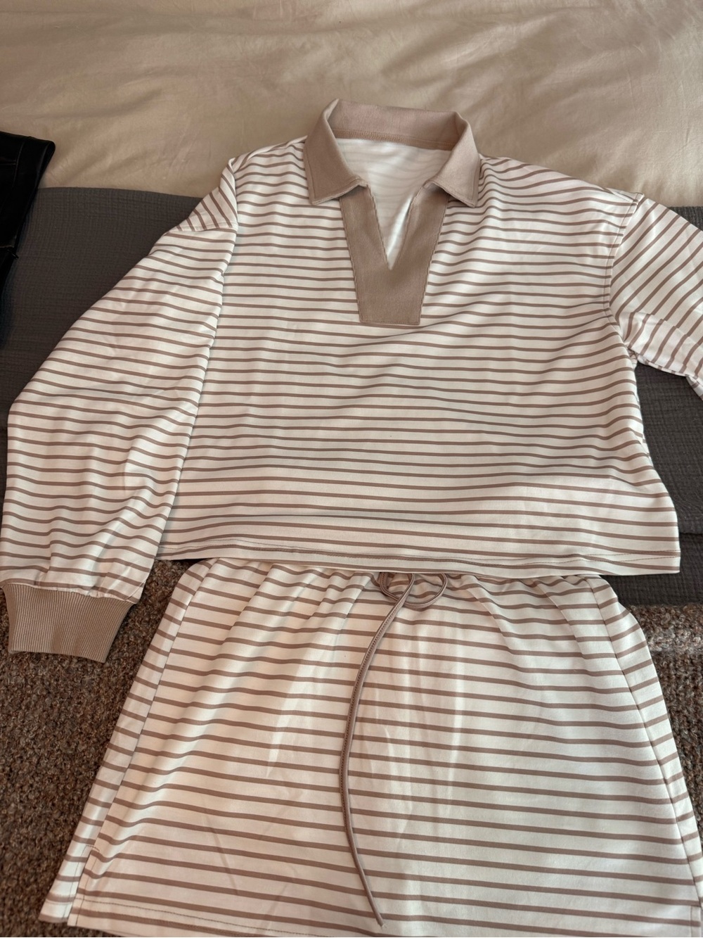 Striped Drawstring Mini Skirt Set in Tan